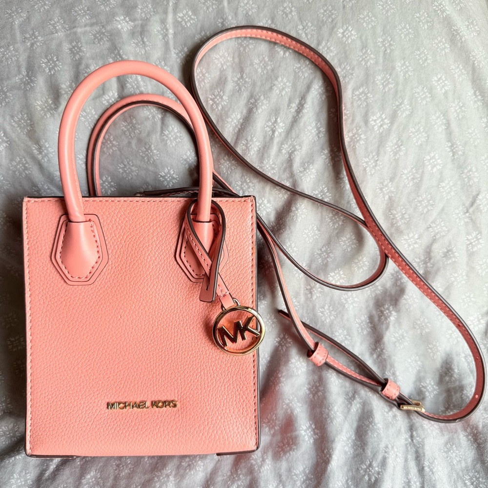 Michael Kors Mercer Mini Pebbled Leather Crossbody Satchel – Coral Pink